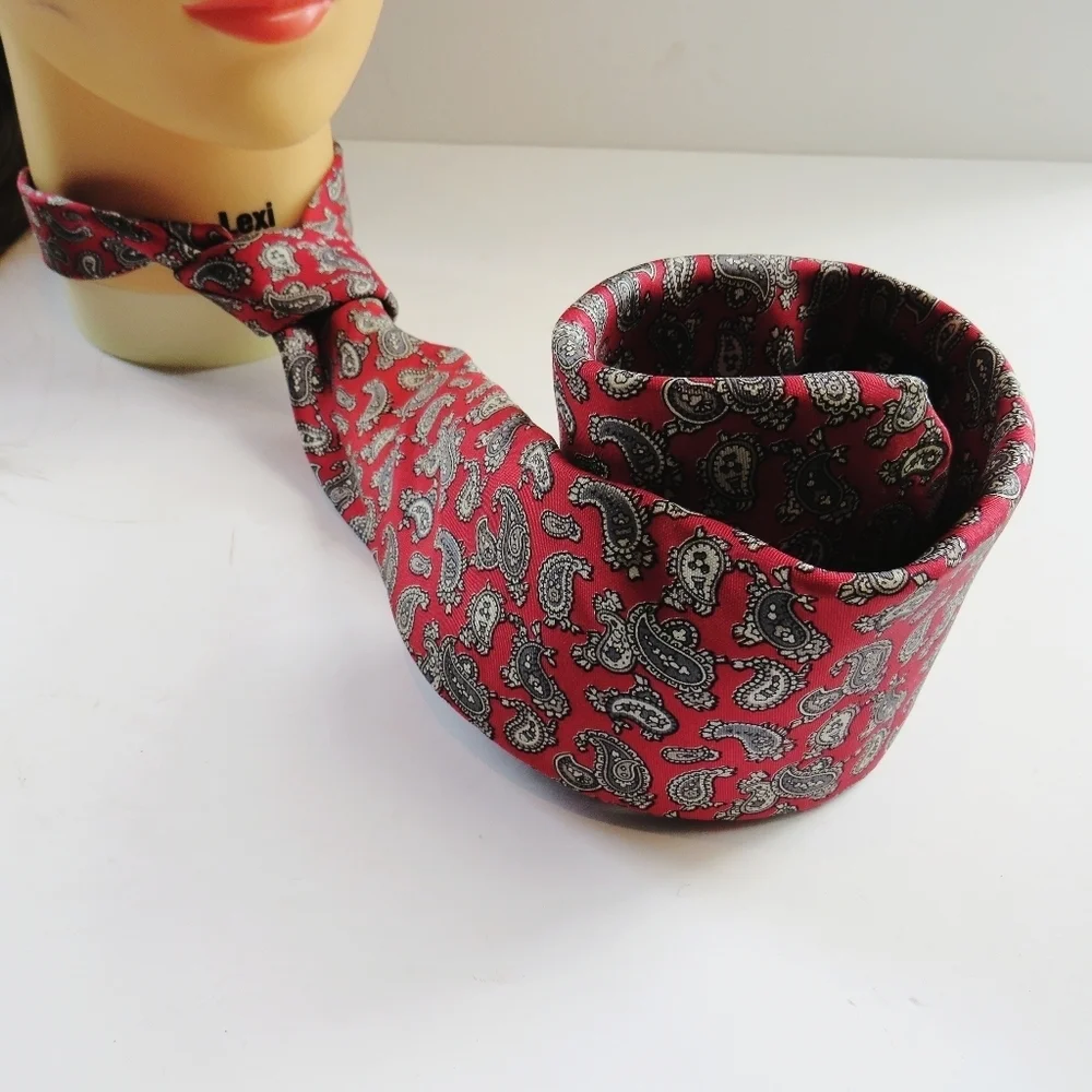 Vintage Pierre Balmain Paris Silk Red Gray Paisley Tie
